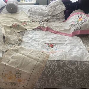 Several vintage embroidered tablecloth runners pillowcase more